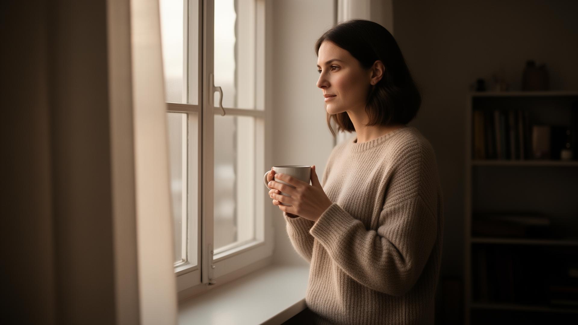 A person at a window in soft morning light, holding a coffee mug, looking calm and present