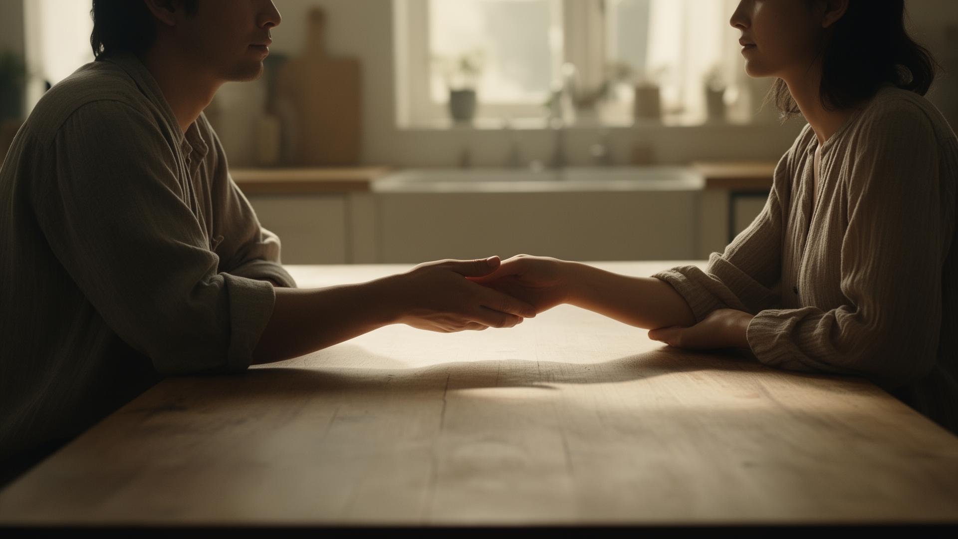 Two people sitting close at a sunlit kitchen table, one hand reaching toward the other