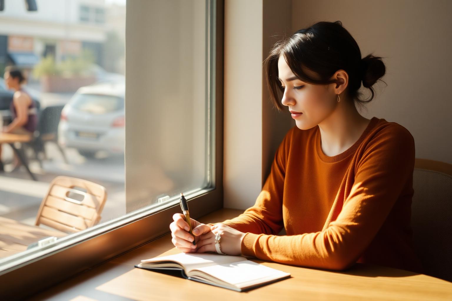 A self-aware adult sitting calmly at a coffee shop window, journaling after a date