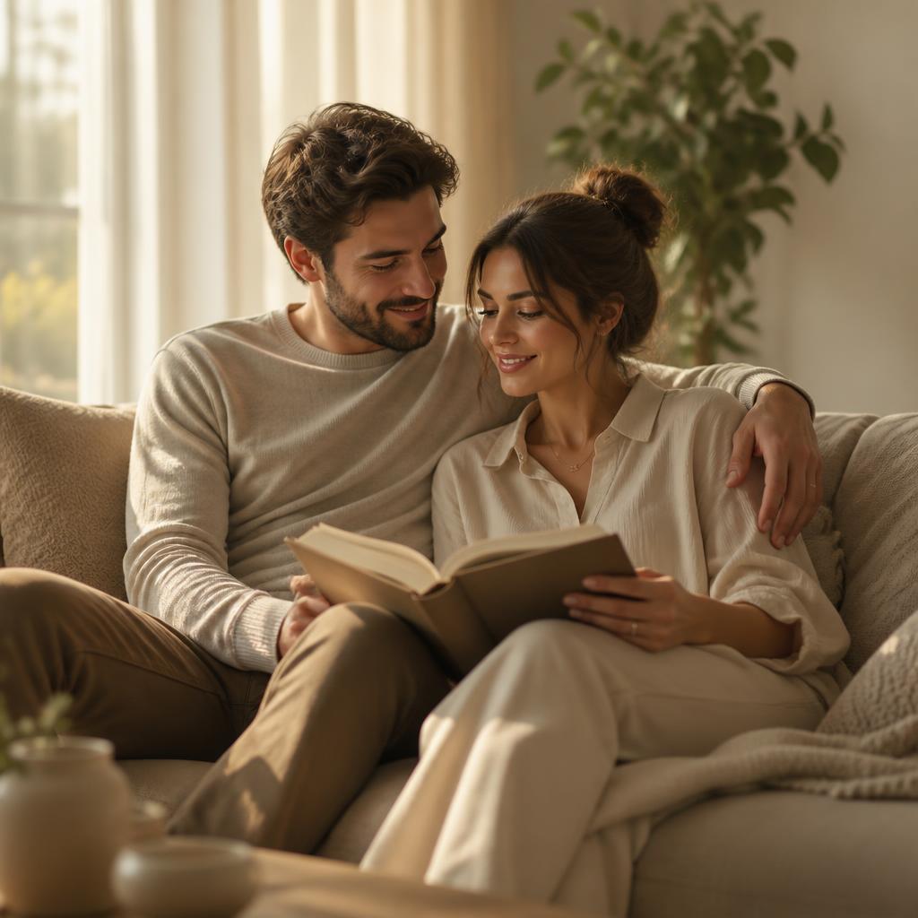 A couple reading together on a couch in warm afternoon light