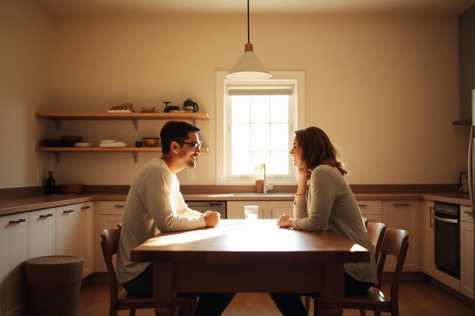 Two people in a calm, focused conversation at a sunlit kitchen table