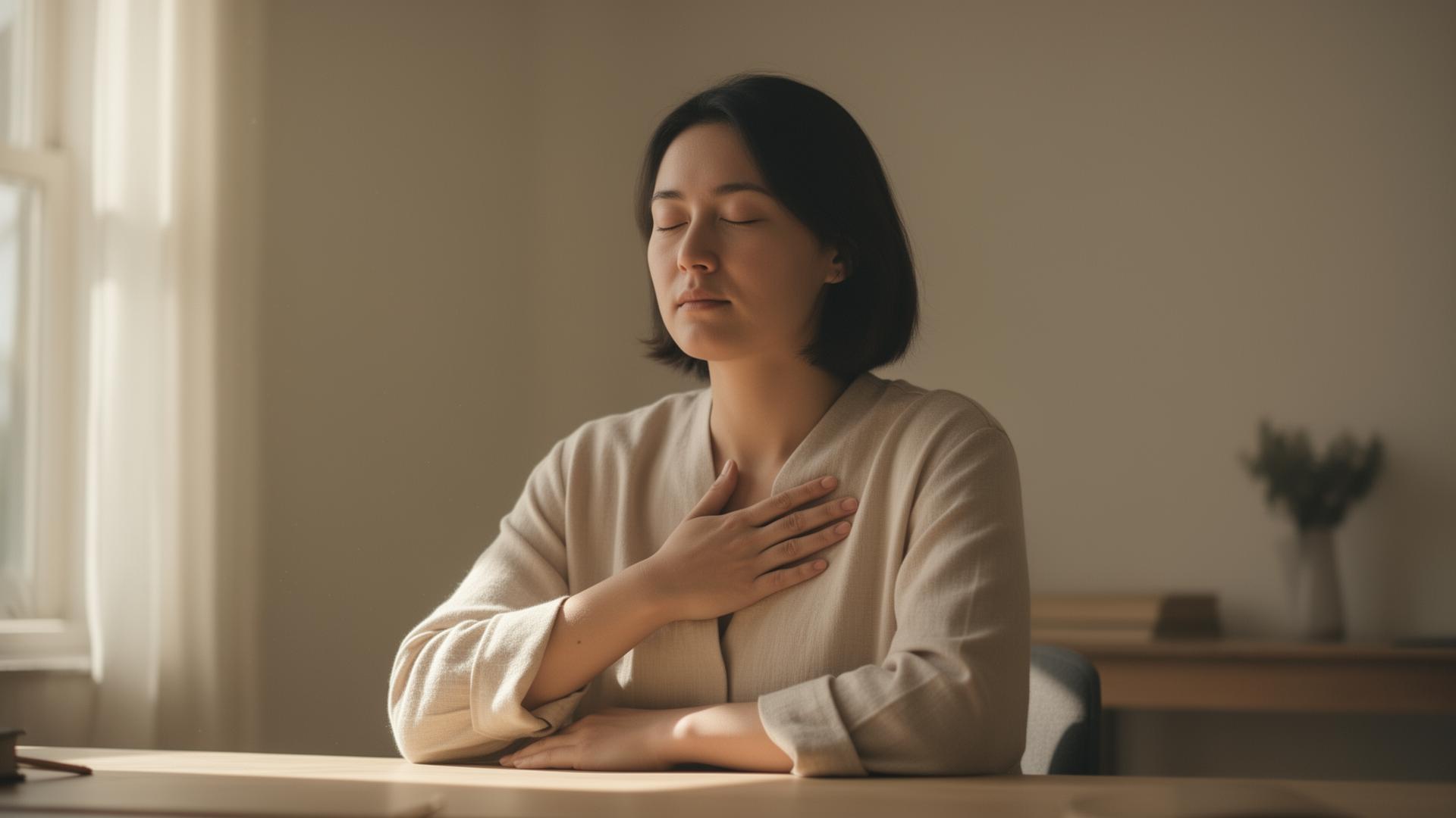 A person sitting calmly at a sunlit desk, eyes gently closed, one hand resting on their chest