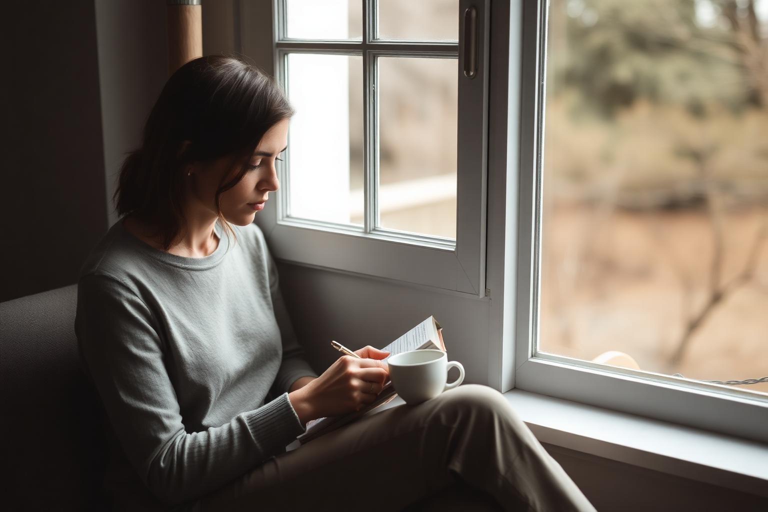 A composed woman writing by a softly lit window